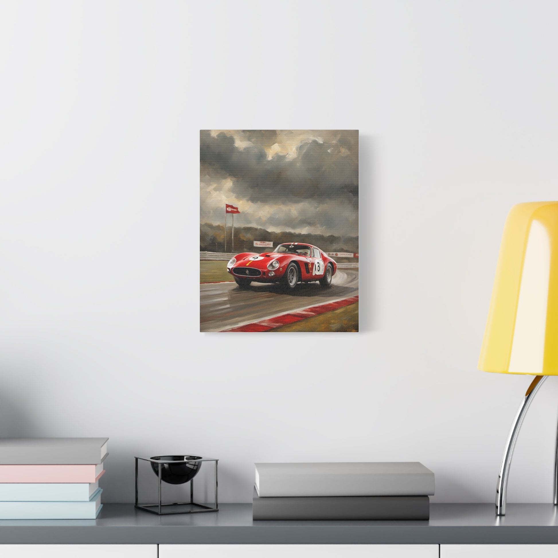 Racing Car Art Print featuring a classic red car on a rainy racetrack in a modern setting