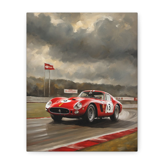 Racing Car Art Print featuring a classic red Ferrari on a racetrack with dramatic clouds