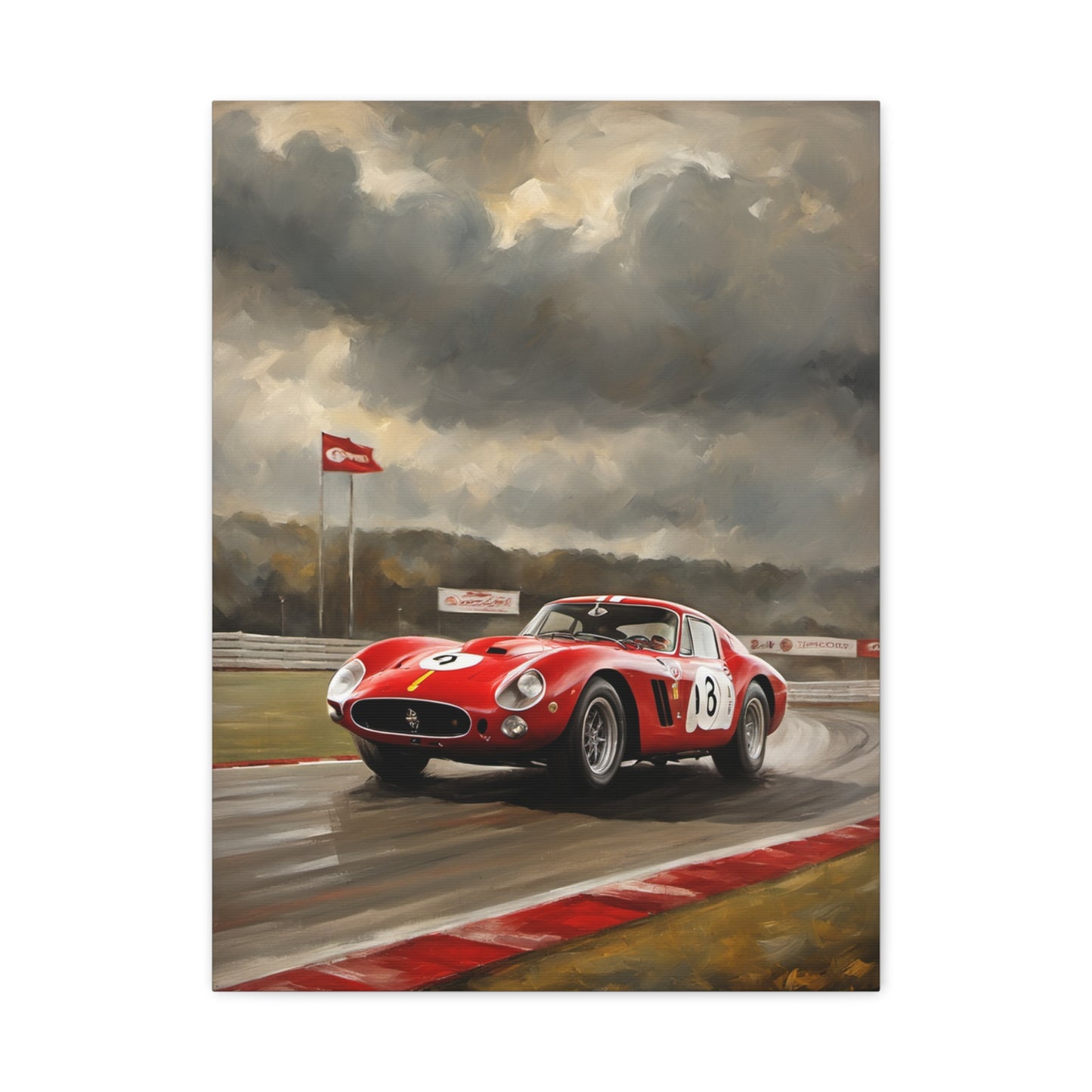 Racing Car Art Print featuring a red vintage car on a racetrack under a dramatic sky