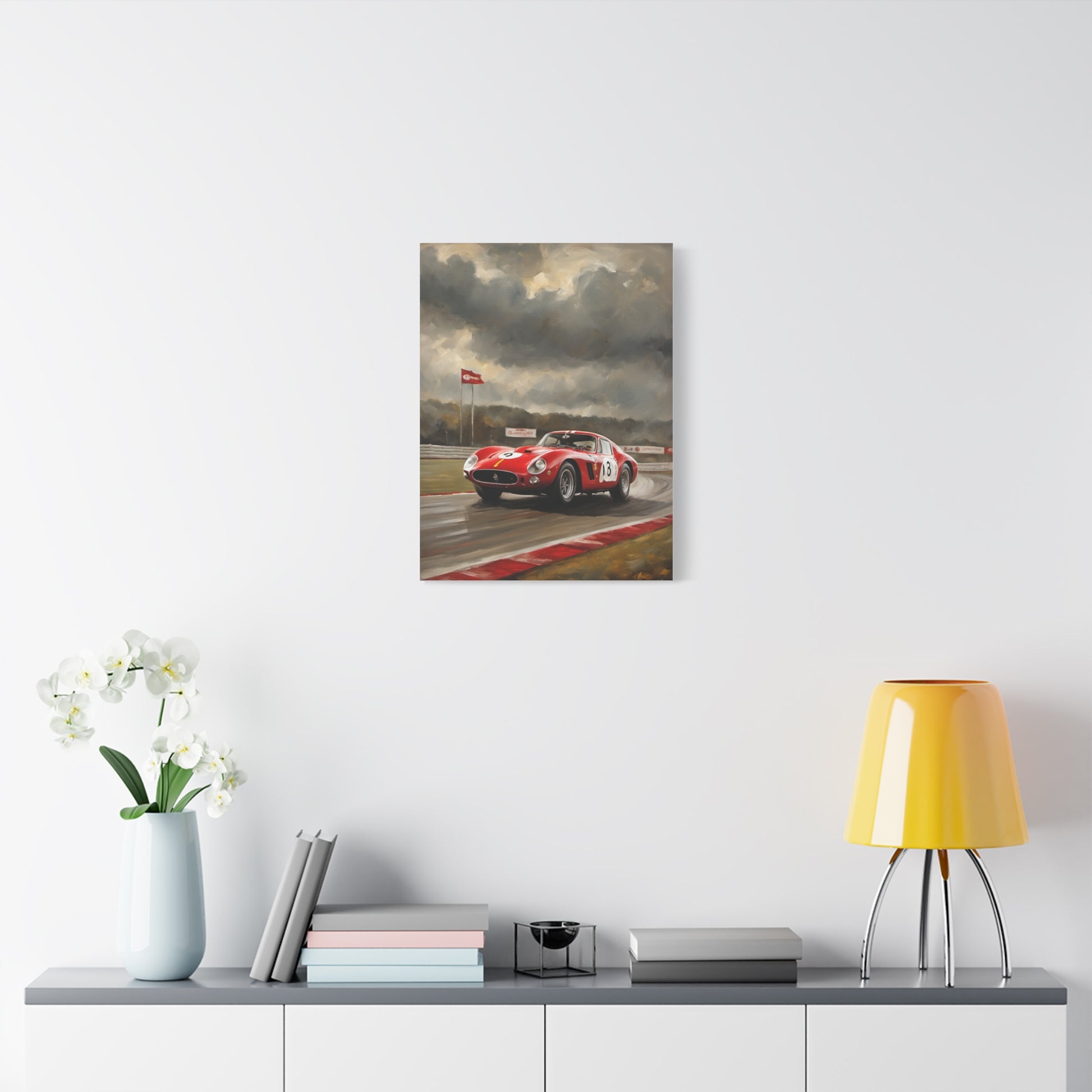 Racing Car Art Print displayed on a wall above a modern shelf with decor items
