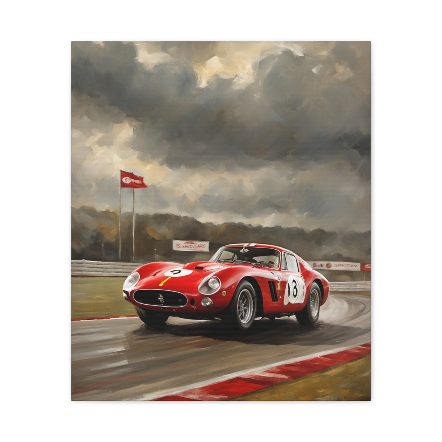 Racing Car Art Print featuring a red vintage car speeding on a race track under dramatic clouds
