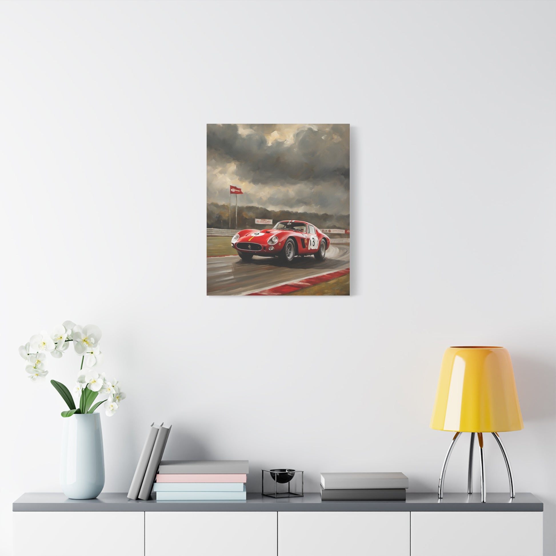 Racing Car Art Print featuring a classic red sports car on a racetrack with dramatic clouds