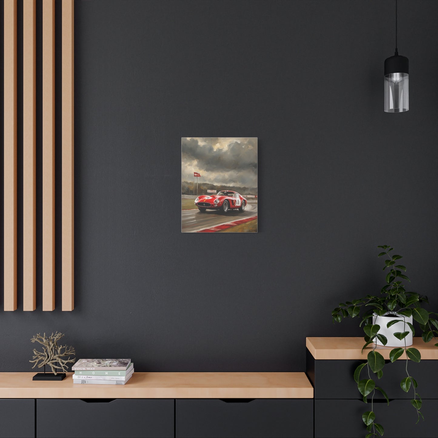 Racing Car Art Print displayed on a wall above wooden furniture in a stylish interior