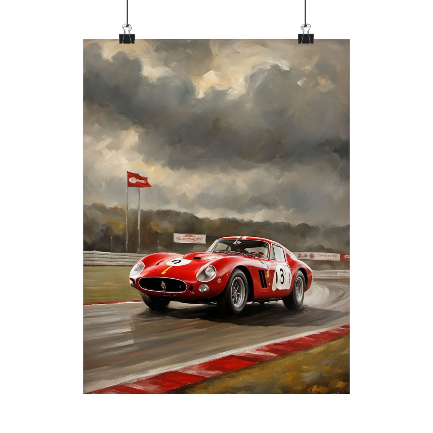 Racing Car Matte Vertical Posters featuring a classic red sports car on a racetrack with dramatic clouds