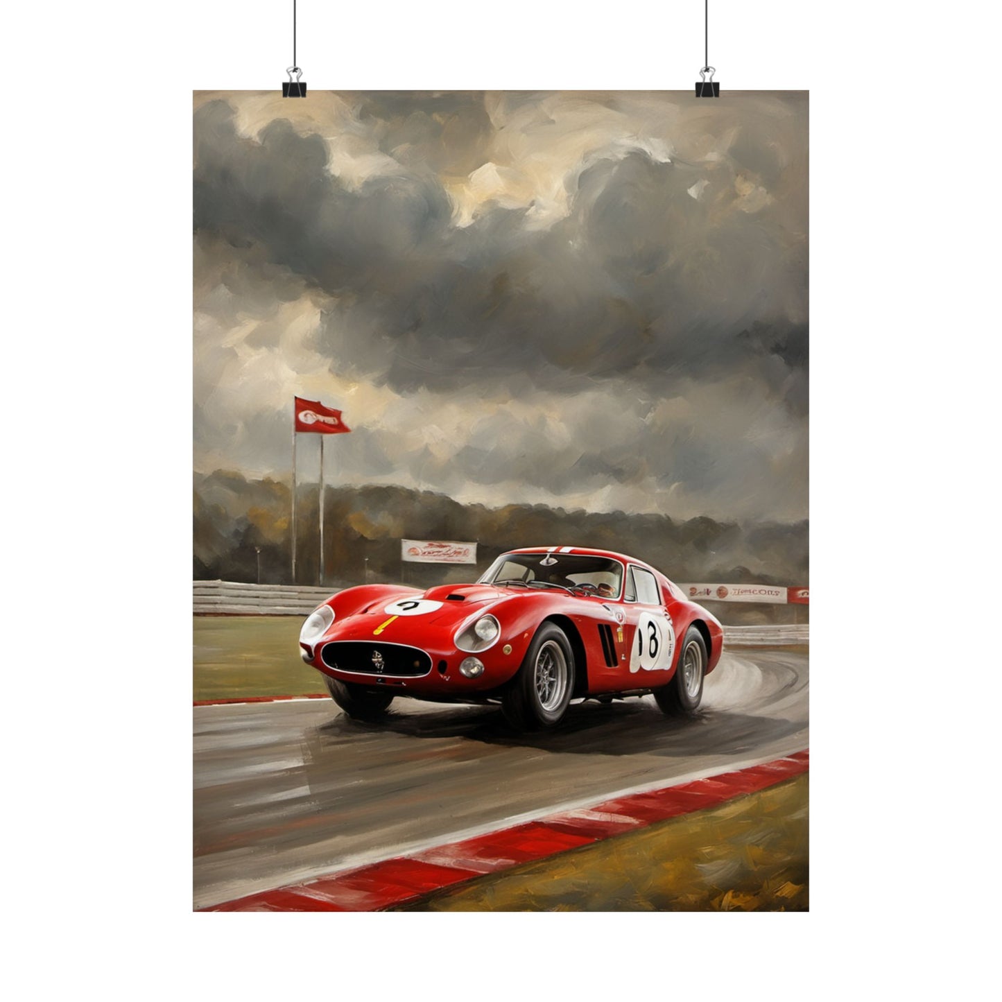 Stunning Racing Car Matte Vertical Posters featuring a red vintage race car on a track with dramatic clouds