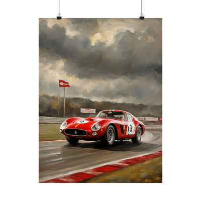 Stunning Racing Car Matte Vertical Posters featuring a red vintage race car on a track with dramatic clouds
