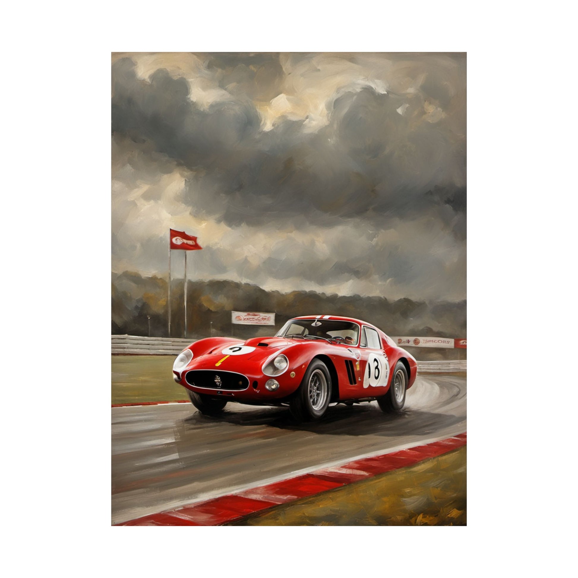 Racing Car Matte Vertical Posters featuring a red classic race car on a rainy track