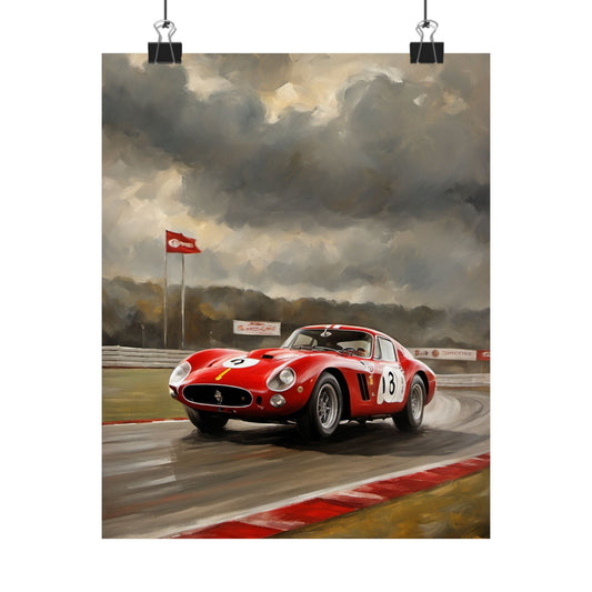 Racing Car Matte Vertical Posters featuring a red vintage race car in action on a track