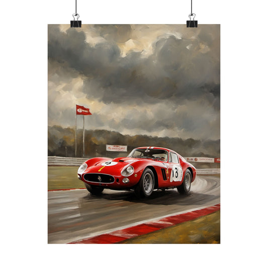 Racing Car Matte Vertical Posters featuring a red vintage race car on a track under dramatic clouds