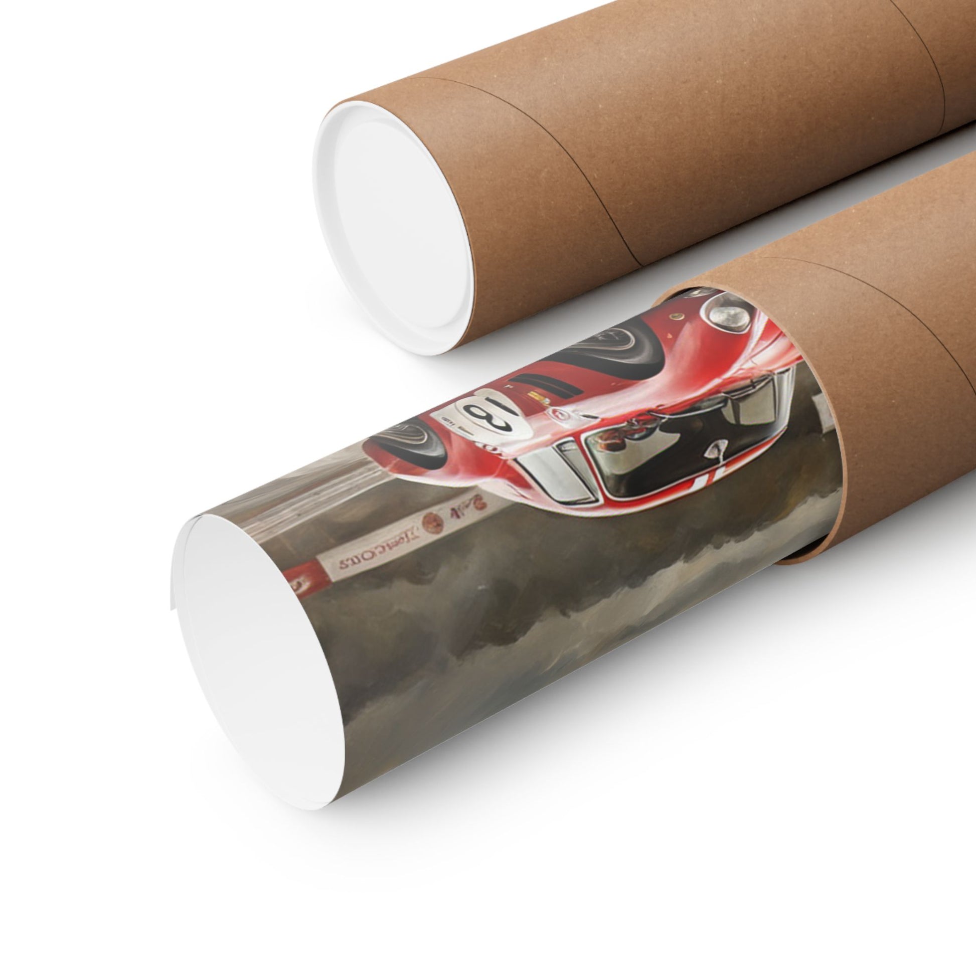 Racing Car Matte Vertical Posters rolled up for easy shipping and display in any room