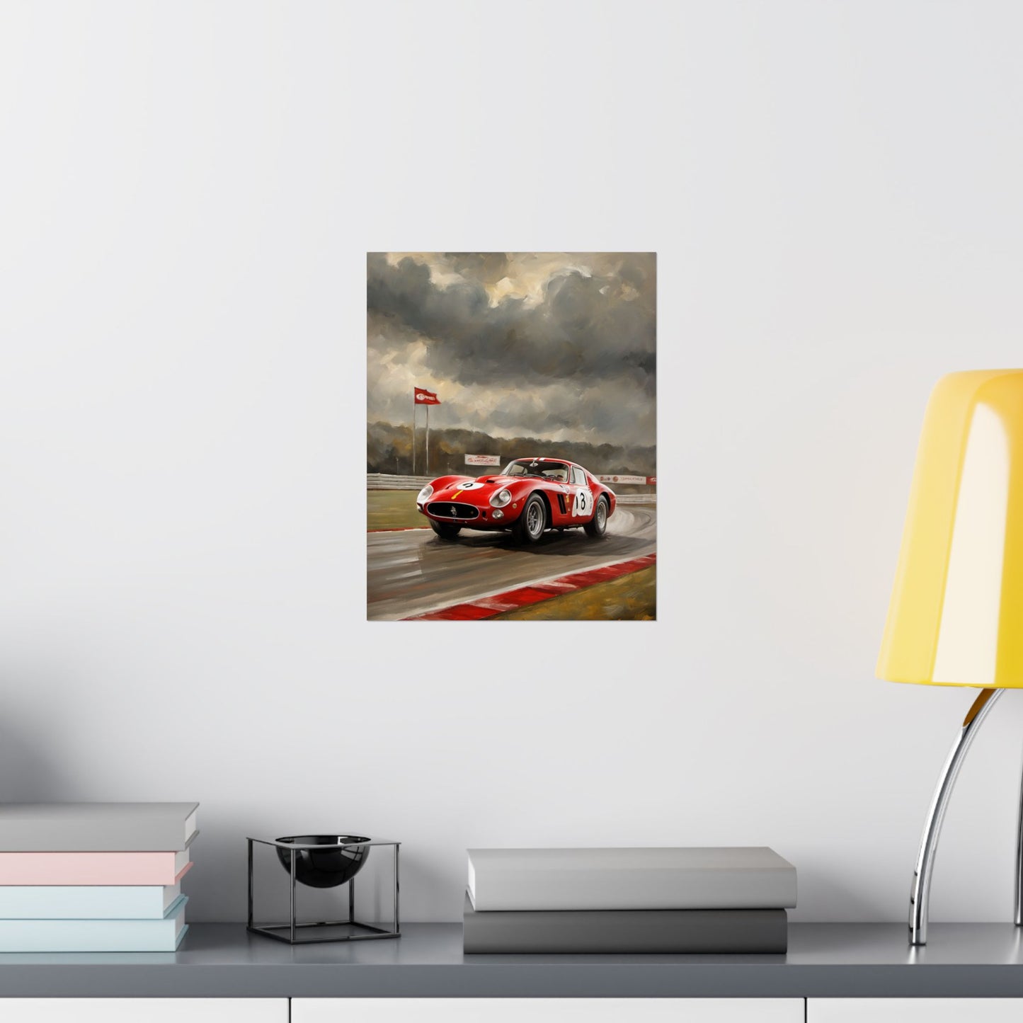 Racing Car Matte Vertical Posters featuring a classic red sports car on a rainy racetrack