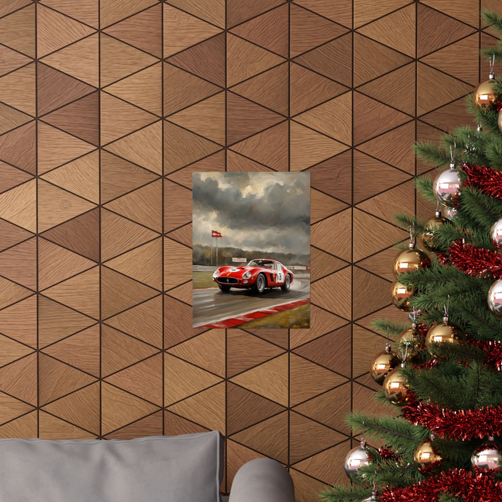 Racing Car Matte Vertical Posters featuring a classic race car on a dynamic track backdrop