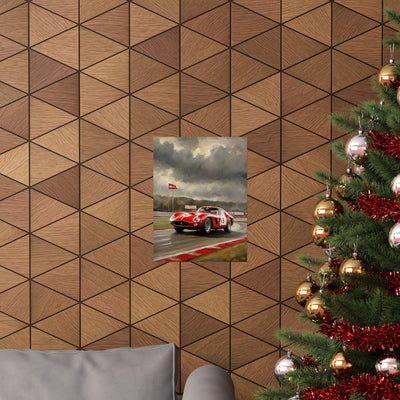 Racing Car Matte Vertical Posters featuring a classic race car on a dynamic track backdrop