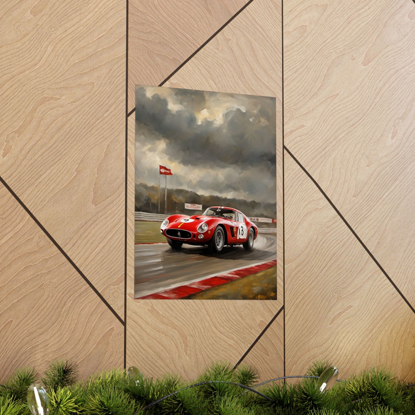 Racing Car Matte Vertical Posters featuring a classic red sports car on a racetrack under cloudy skies