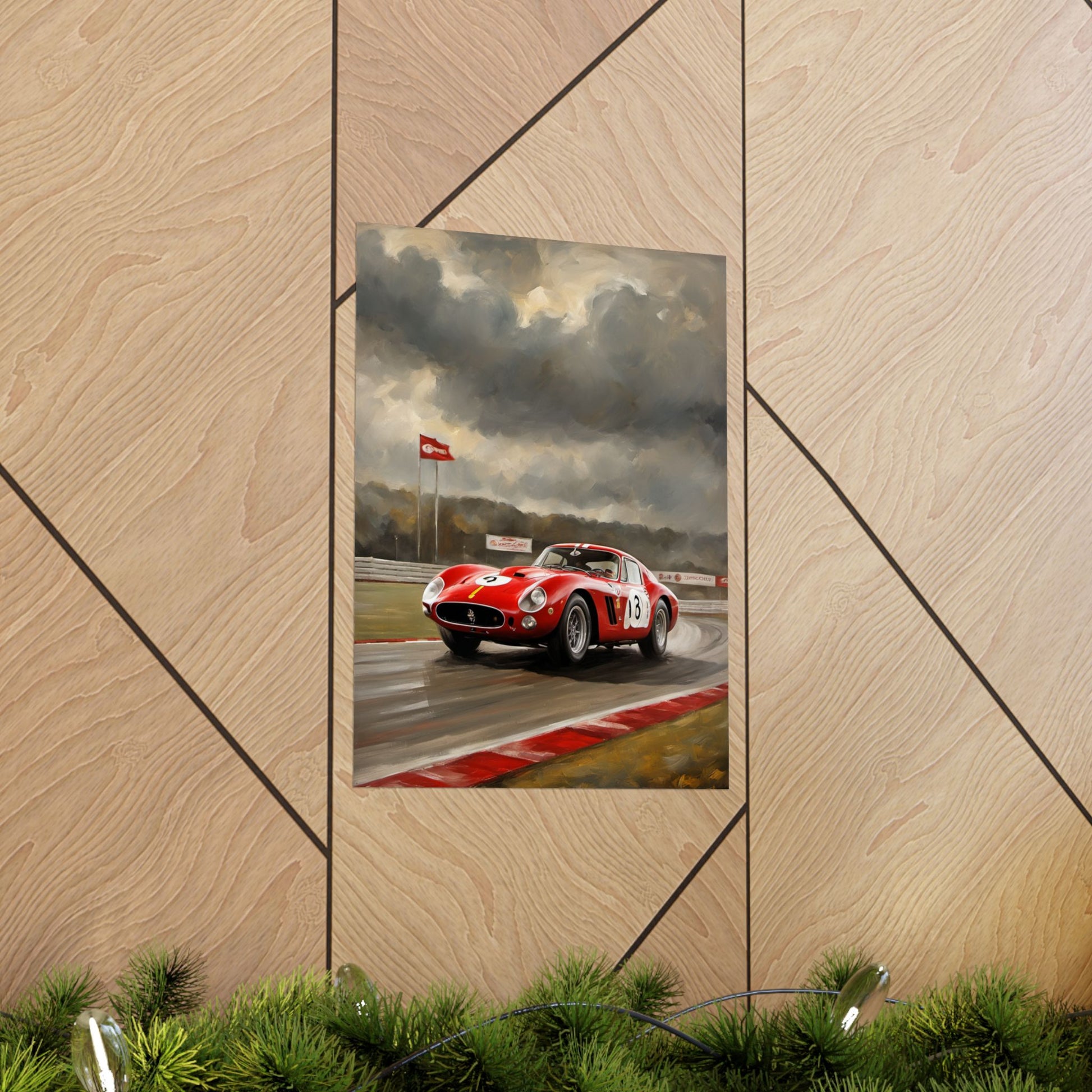 Racing Car Matte Vertical Posters featuring a classic red sports car on a racetrack under cloudy skies