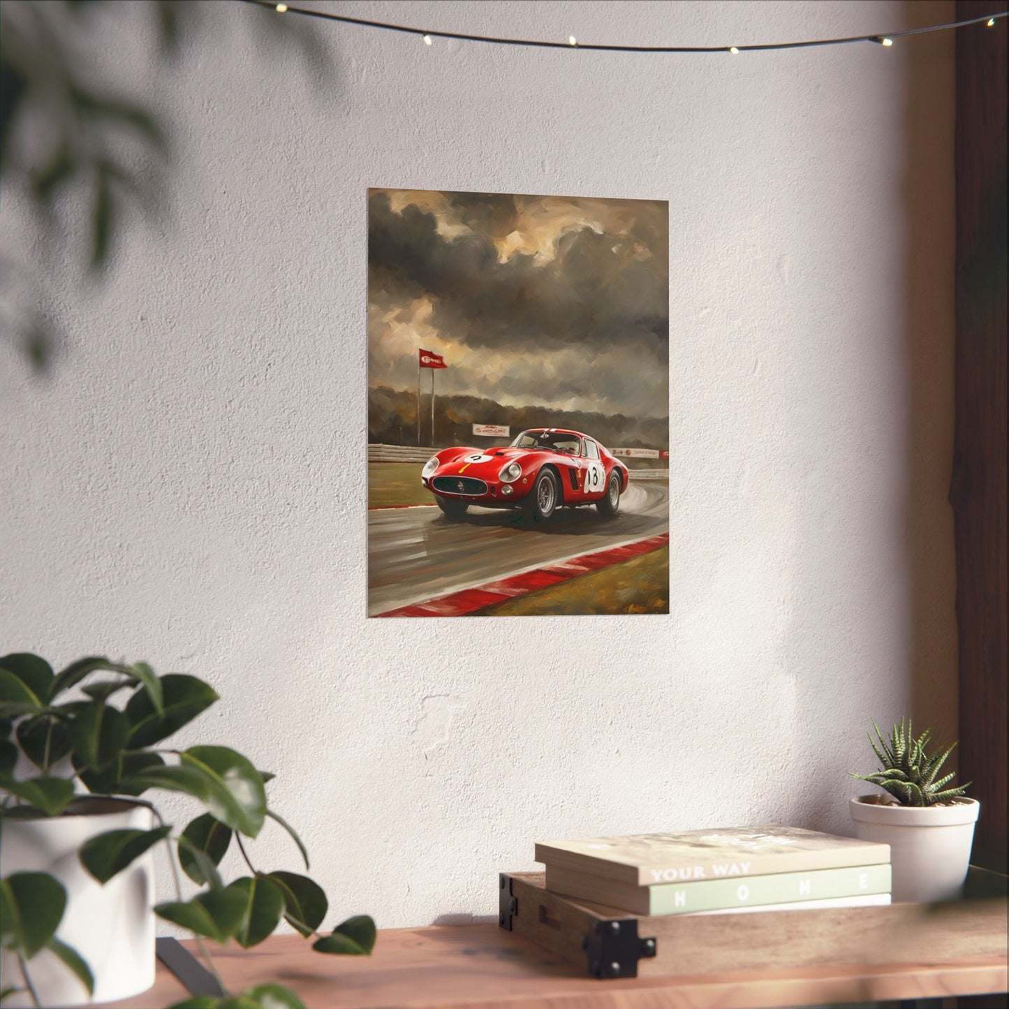 Racing Car Matte Vertical Posters featuring a red sports car racing under stormy skies