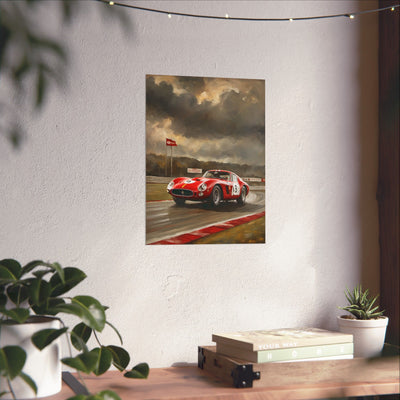 Racing Car Matte Vertical Posters featuring a red sports car racing under stormy skies