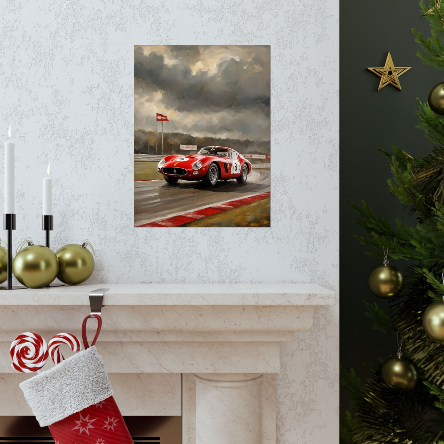 Racing Car Matte Vertical Poster featuring a classic red sports car on a racetrack with a dramatic sky