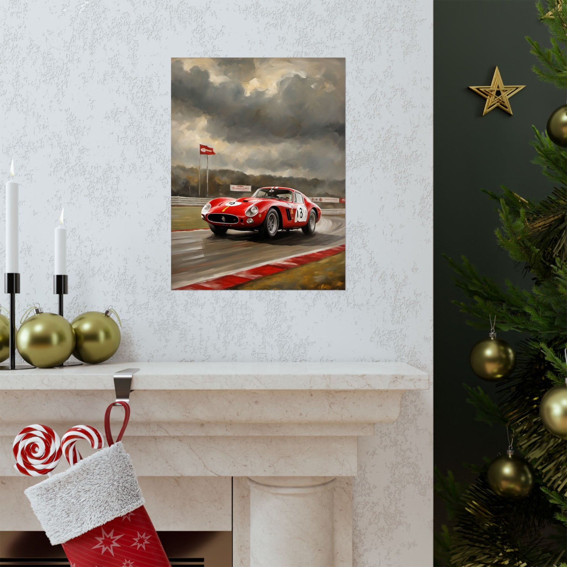 Racing Car Matte Vertical Poster featuring a classic red sports car on a racetrack with a dramatic sky