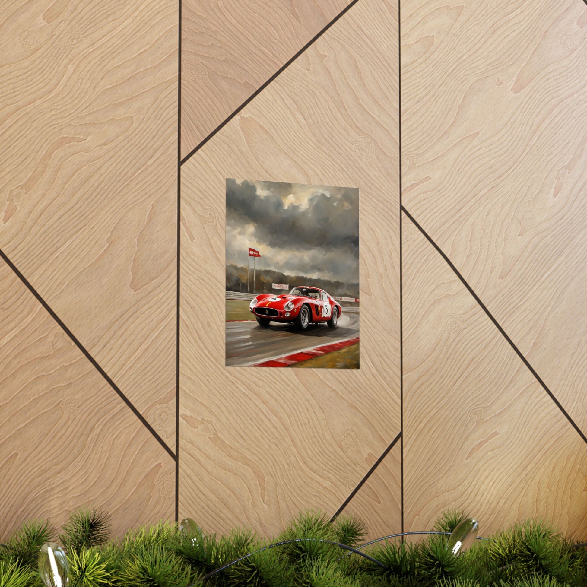 Racing Car Matte Vertical Posters featuring a dynamic racing scene on a wooden wall