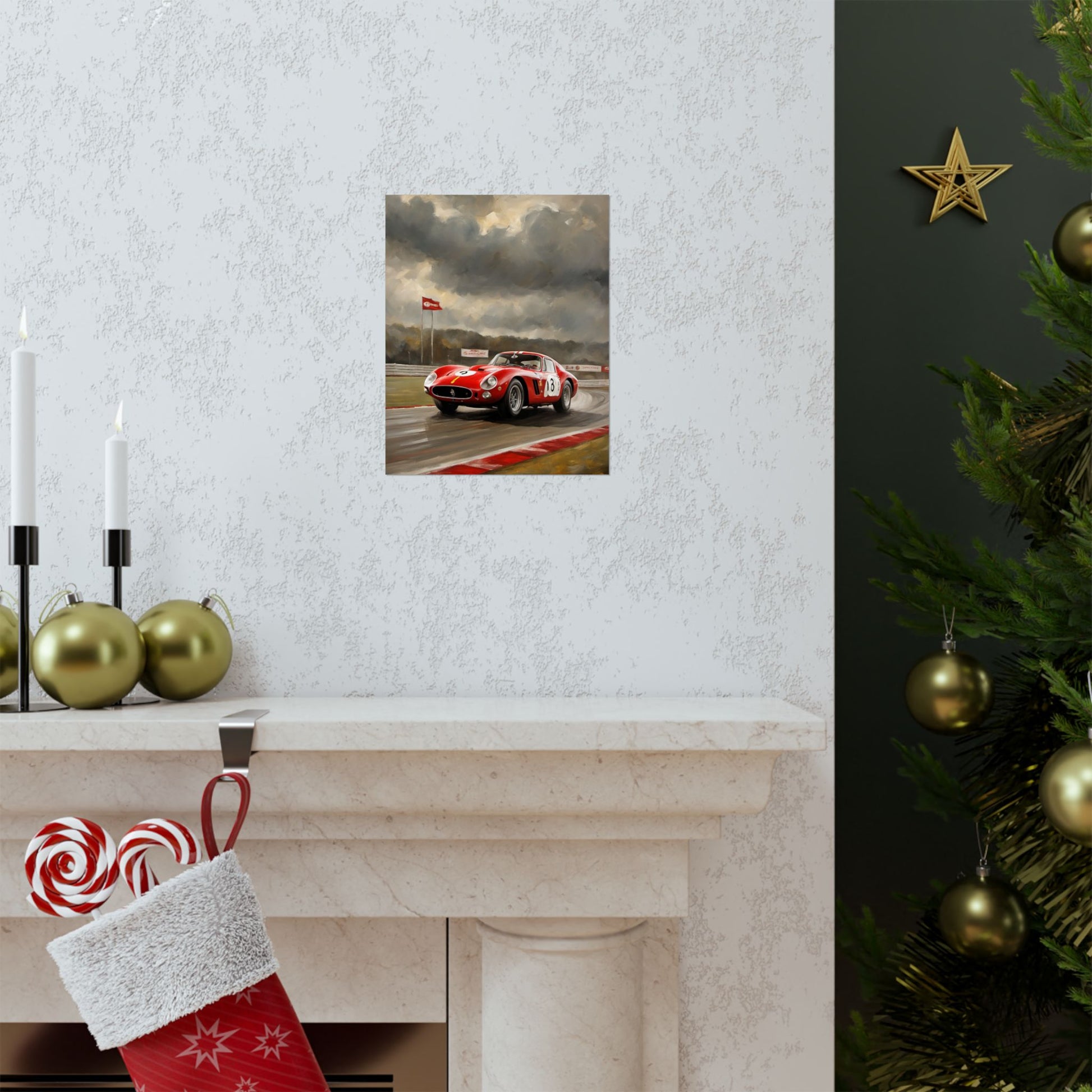 Racing Car Matte Vertical Posters featuring a sleek red racing car on a track with dramatic clouds