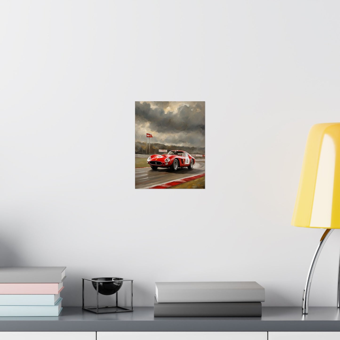 Racing Car Matte Vertical Posters featuring a dynamic race car in action on a rainy track