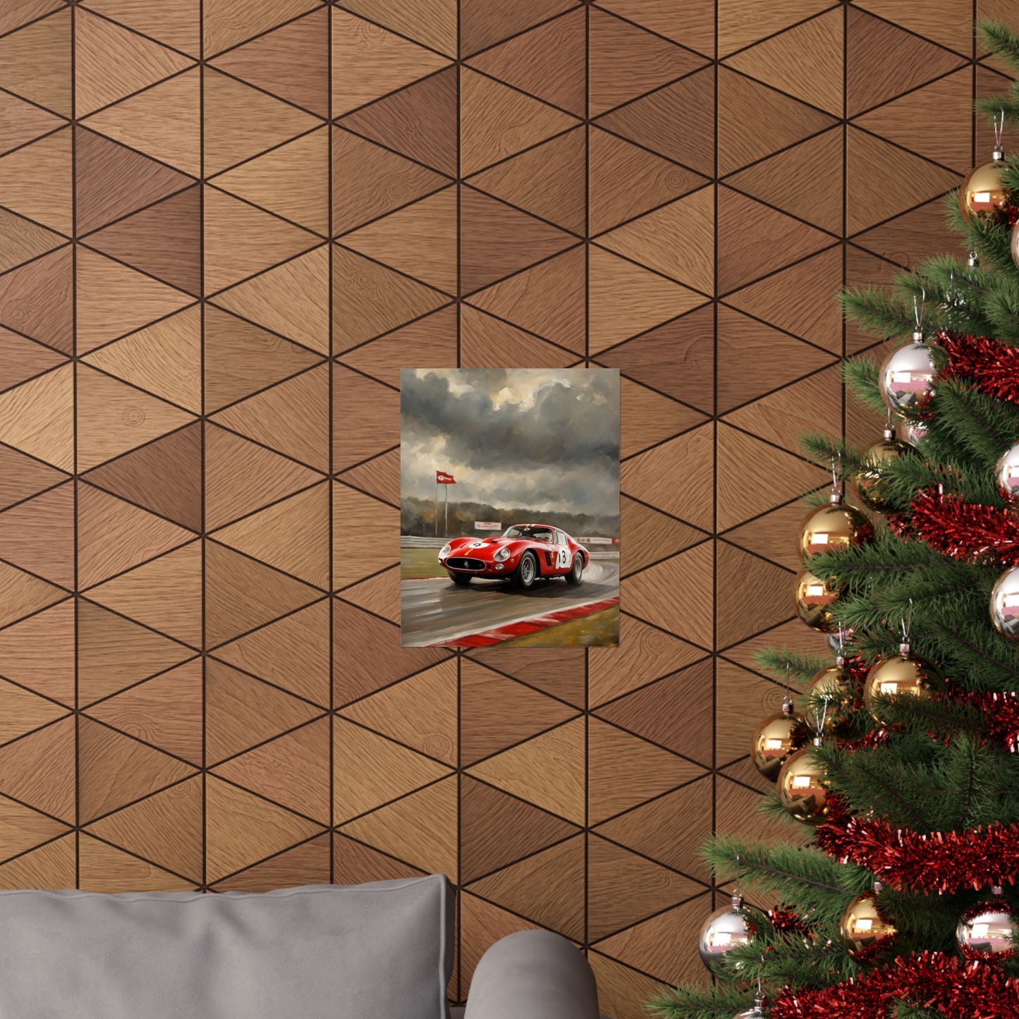 Racing Car Matte Vertical Posters displayed on a geometric patterned wall in a cozy living room