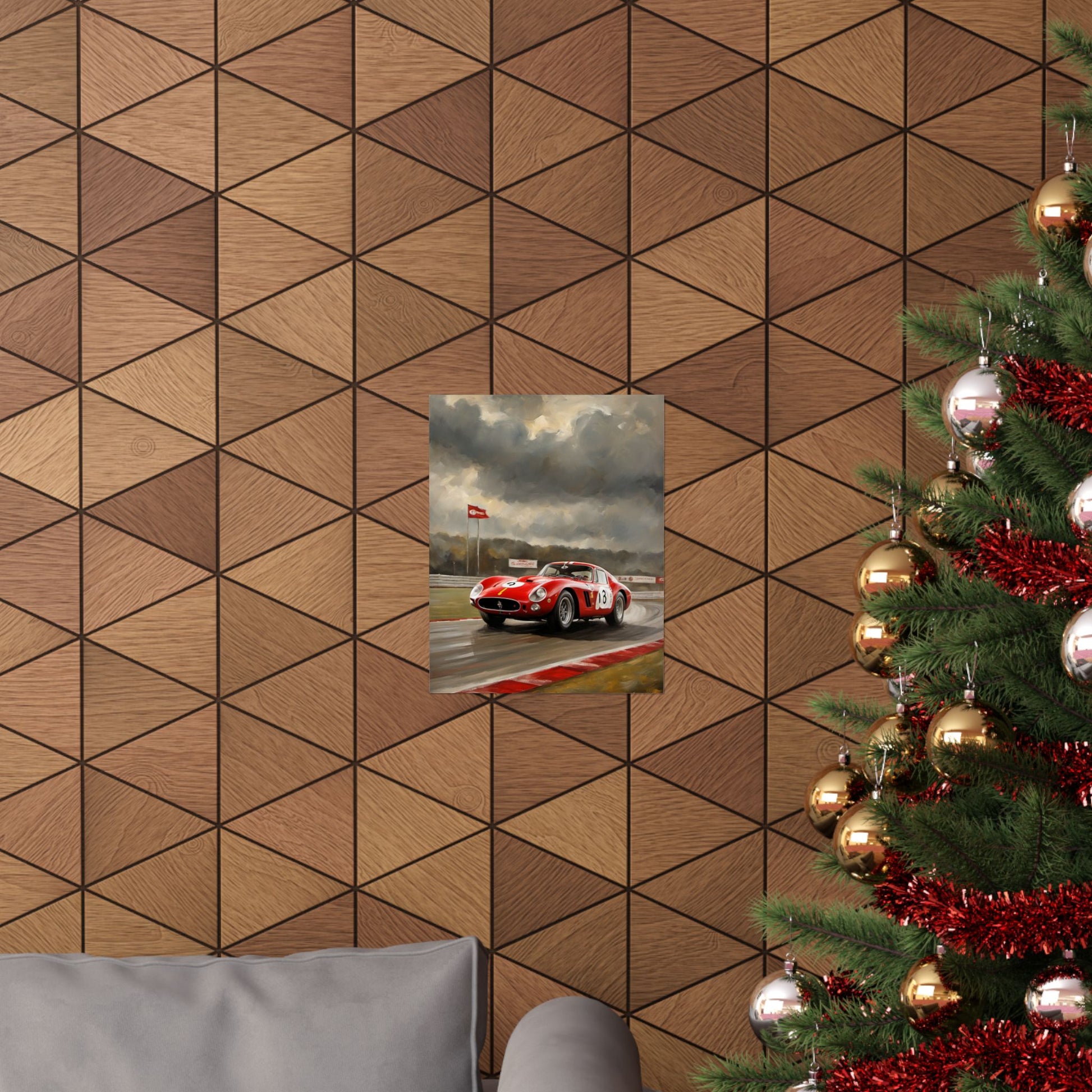 Racing Car Matte Vertical Posters displayed on a geometric patterned wall in a cozy living room