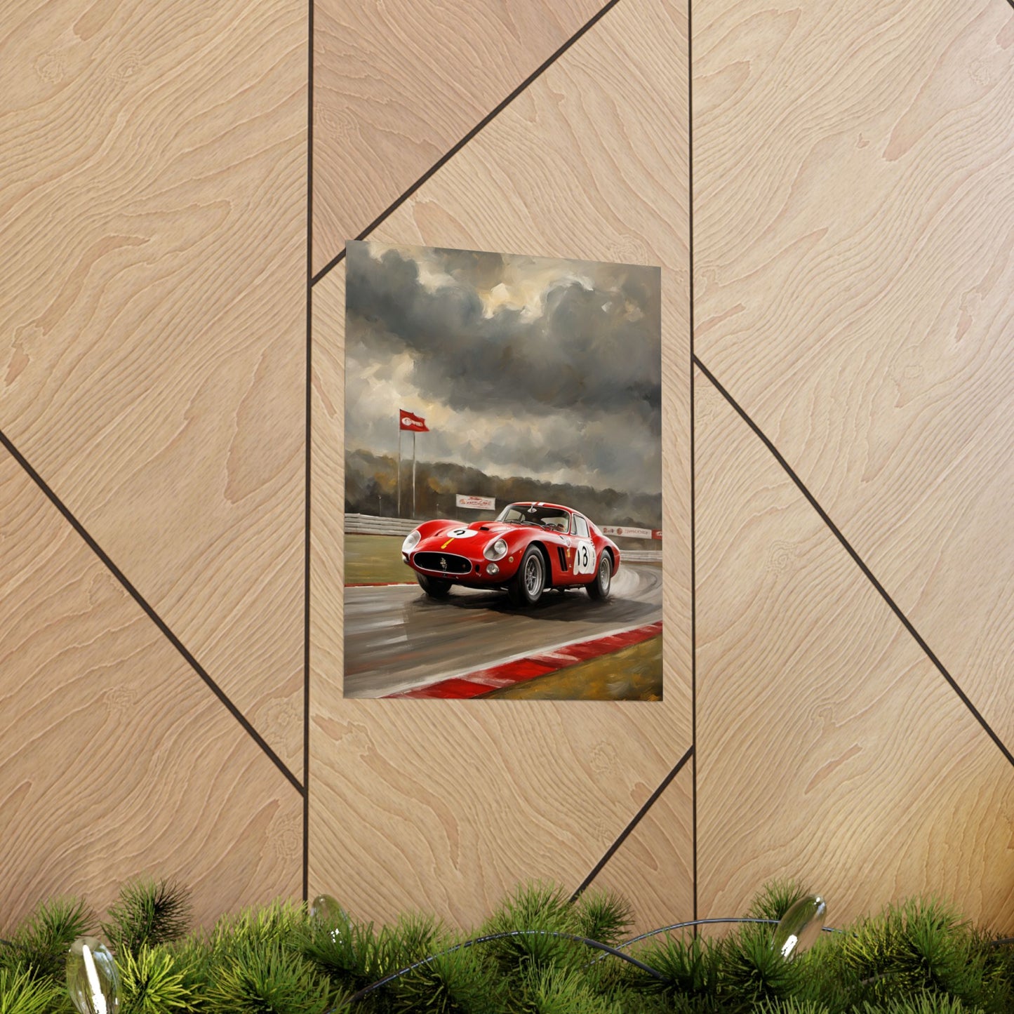 Racing Car Matte Vertical Posters featuring a red sports car on a racetrack under a cloudy sky