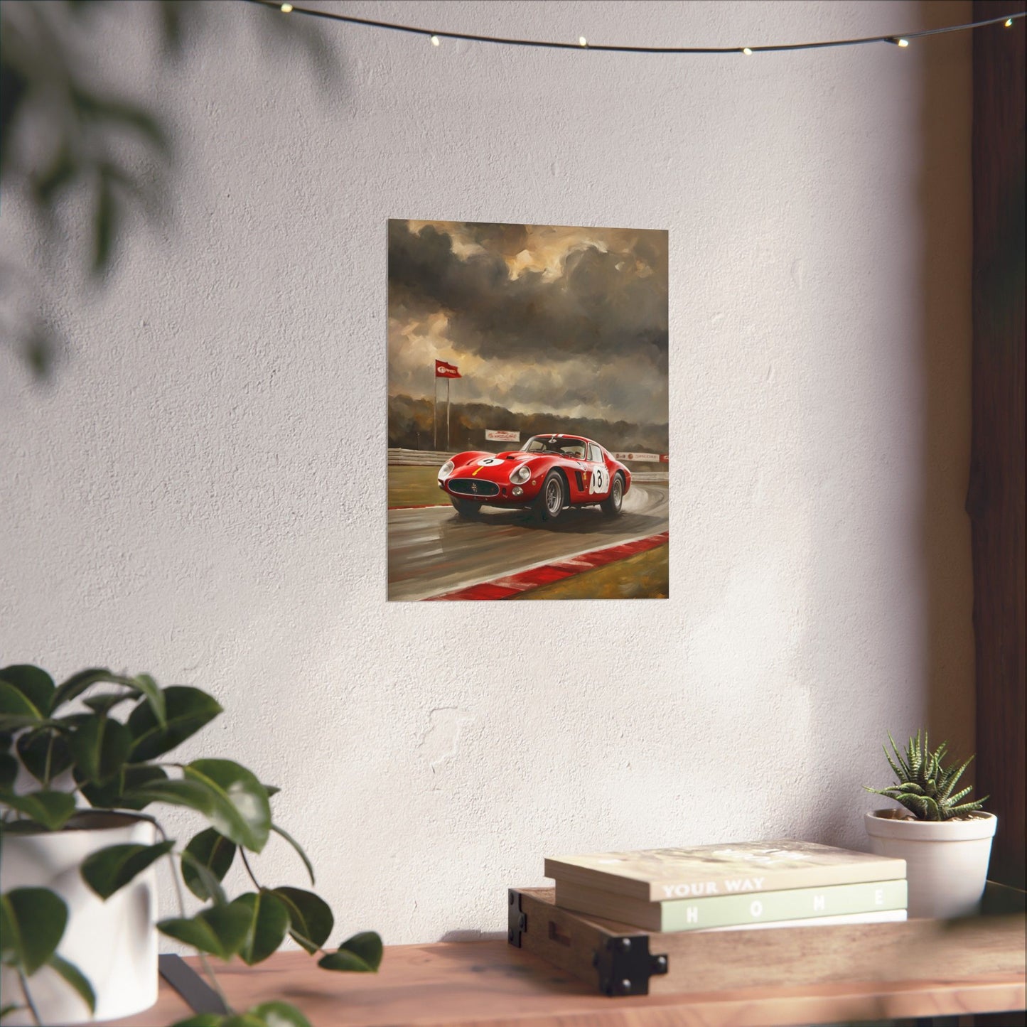 Racing Car Matte Vertical Posters featuring a classic red race car on a dynamic track background