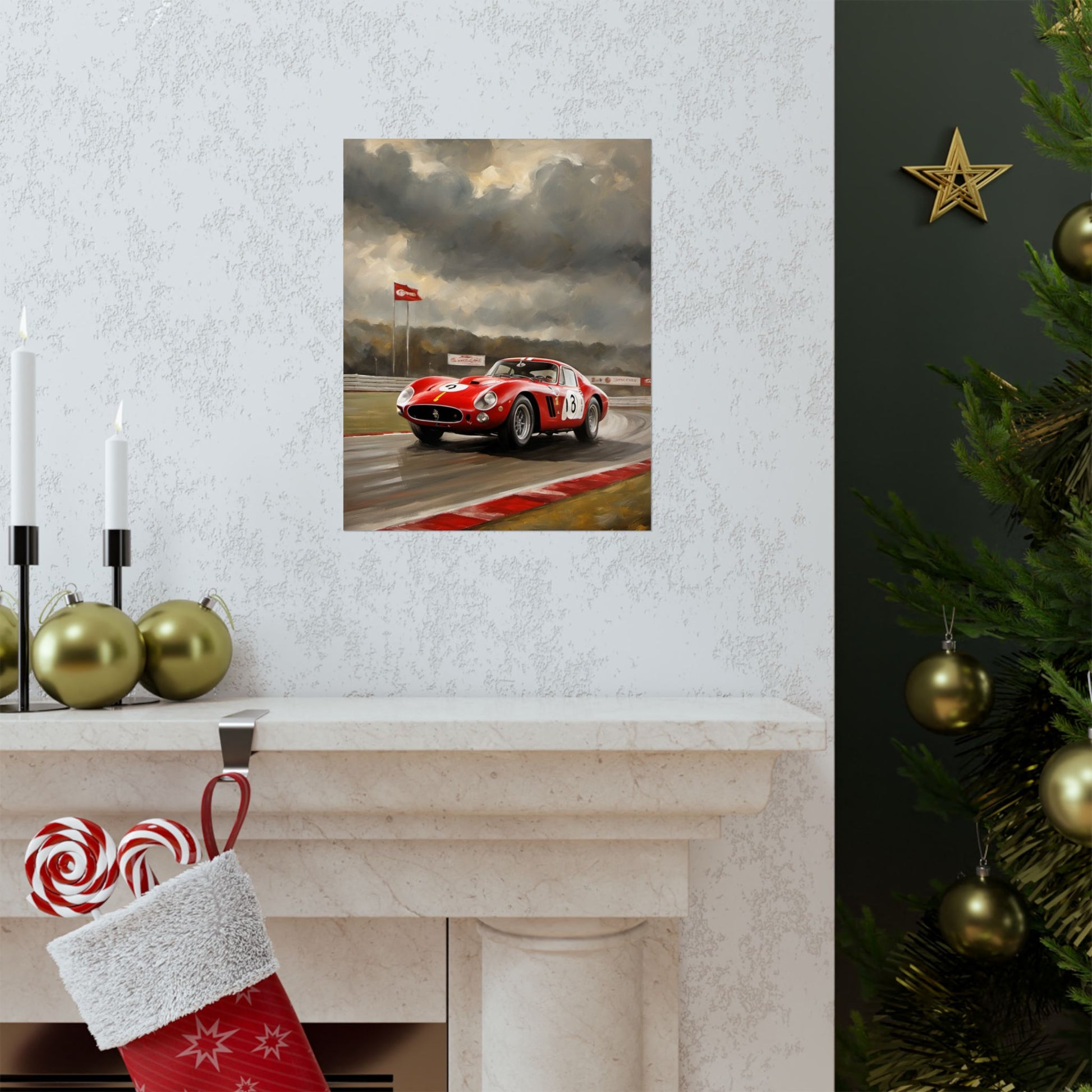Racing Car Matte Vertical Poster featuring a classic sports car on a racetrack against dramatic skies