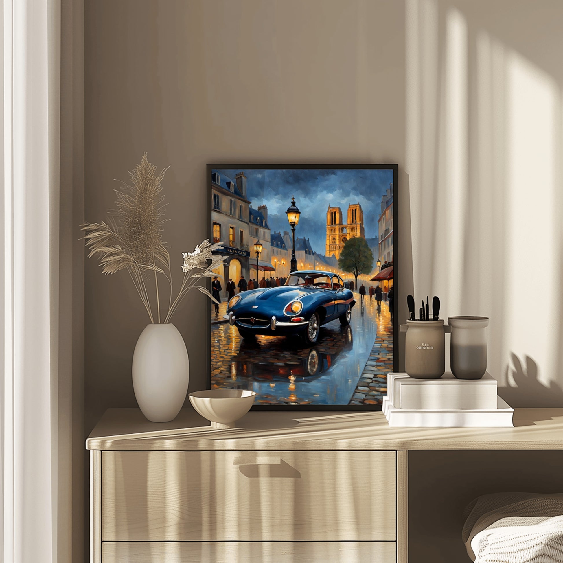 AquilVision digital rainy Paris evening artwork featuring a classic car and glowing street lamps