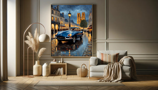 Framed rainy Paris evening artwork featuring a classic car and illuminated city street in modern living room