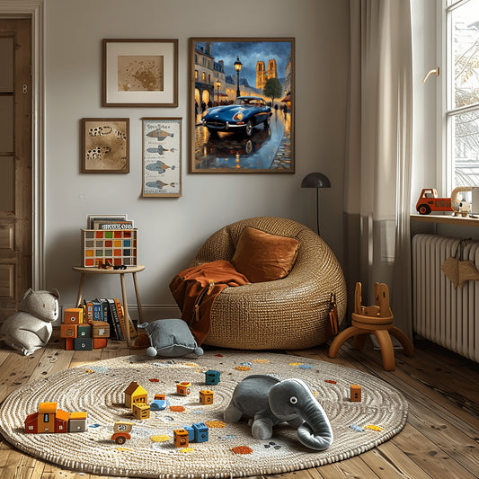 Cozy children's playroom featuring rainy Paris evening artwork by AquilVision above a wicker chair