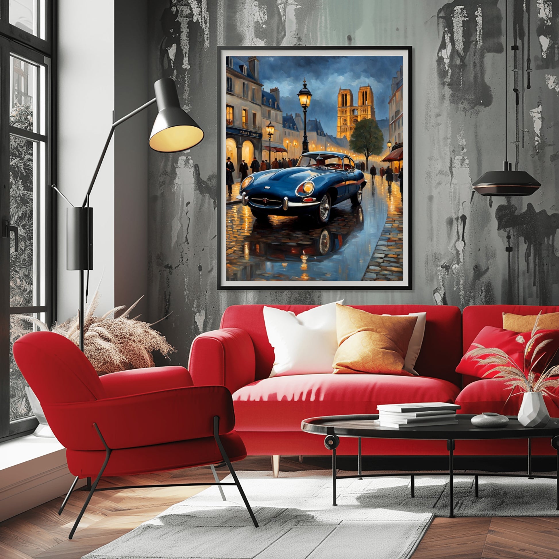 Framed rainy Paris evening artwork by AquilVision hanging above red sofa in modern living room