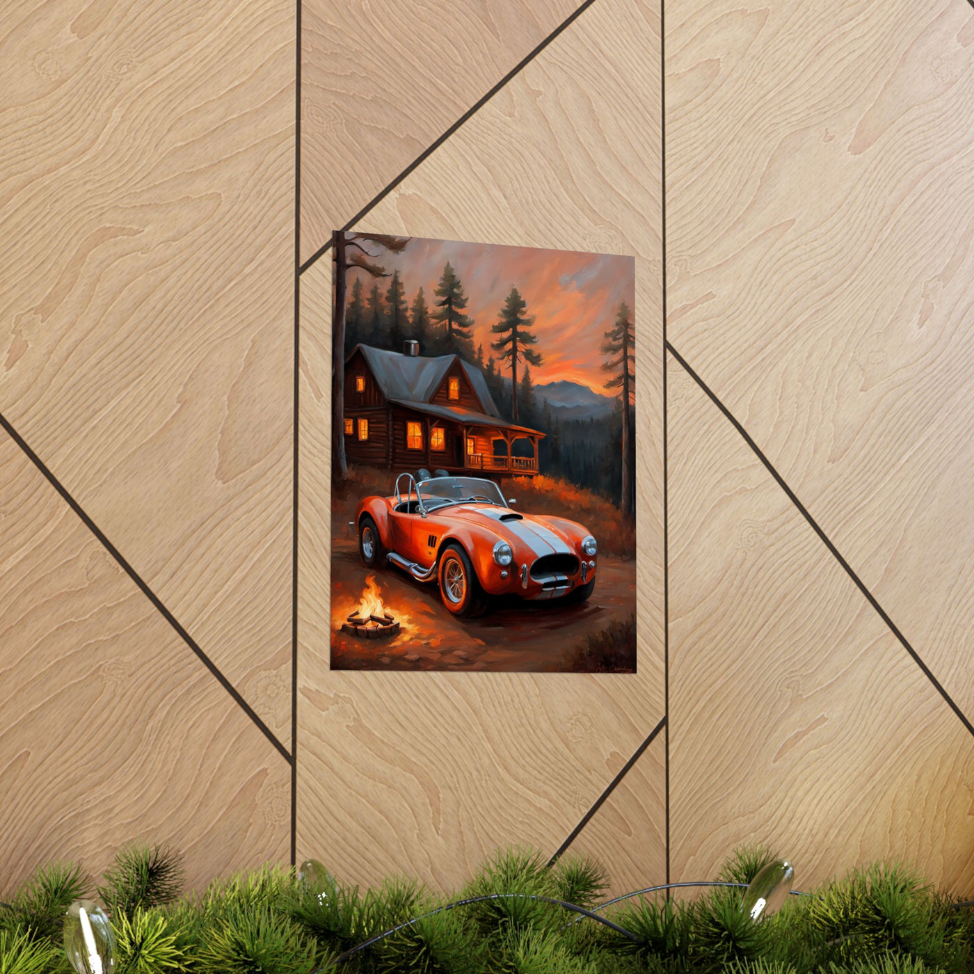 Retro American Car Art featuring a classic sports car near a cozy cabin in a scenic landscape