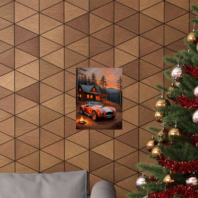 Retro American Car Art poster displayed on a wall with a cozy living room background