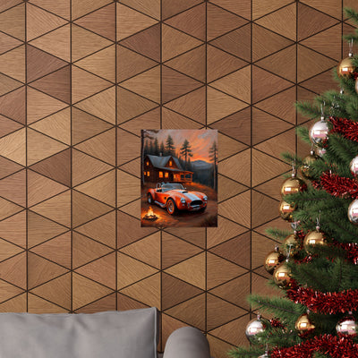 Retro American Car Art poster depicting a classic car near a cozy cabin on a wooden wall
