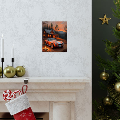 Retro American Car Art poster displayed on a wall over a fireplace with holiday decor