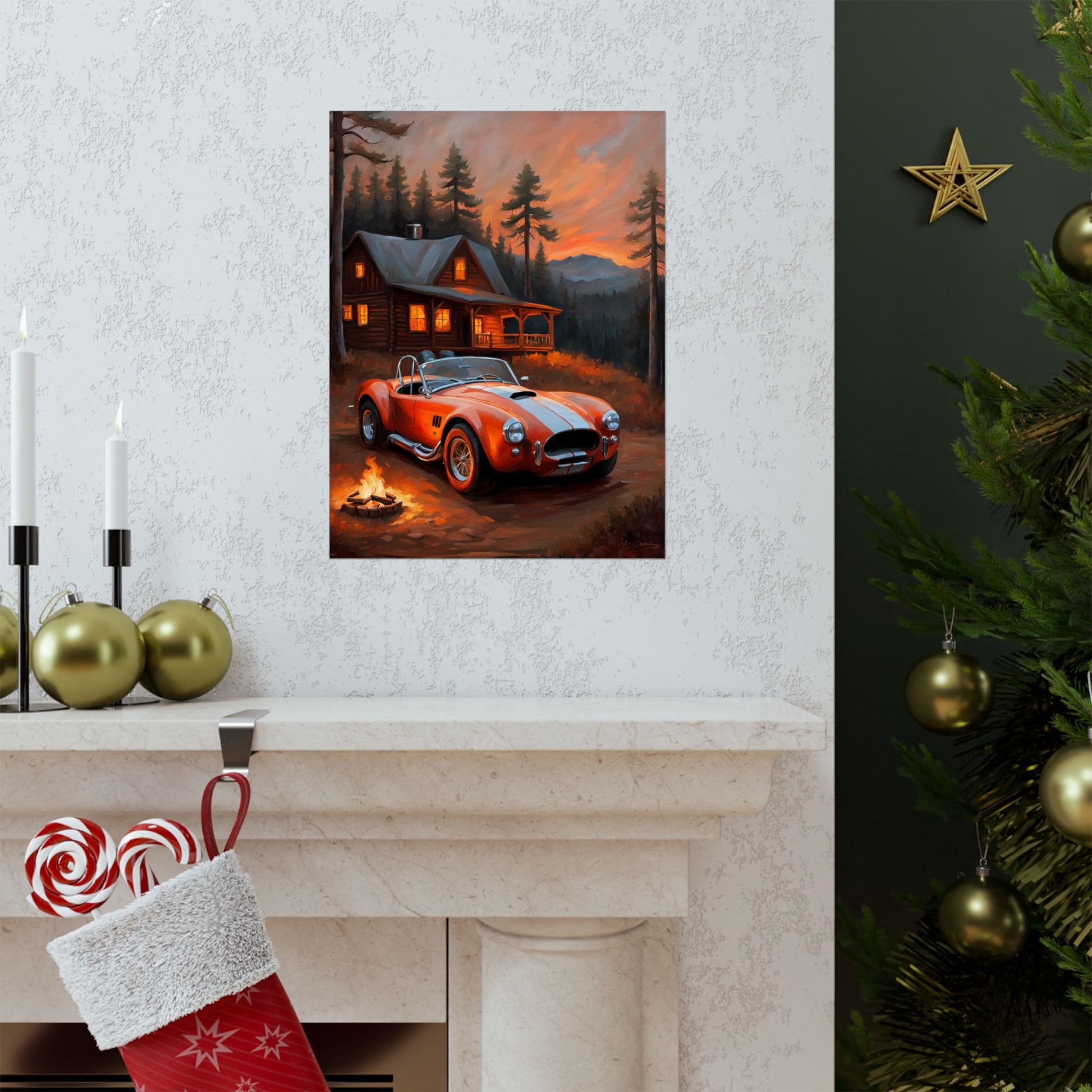Vintage poster featuring Retro American Car Art of an orange sports car at a cabin in the woods