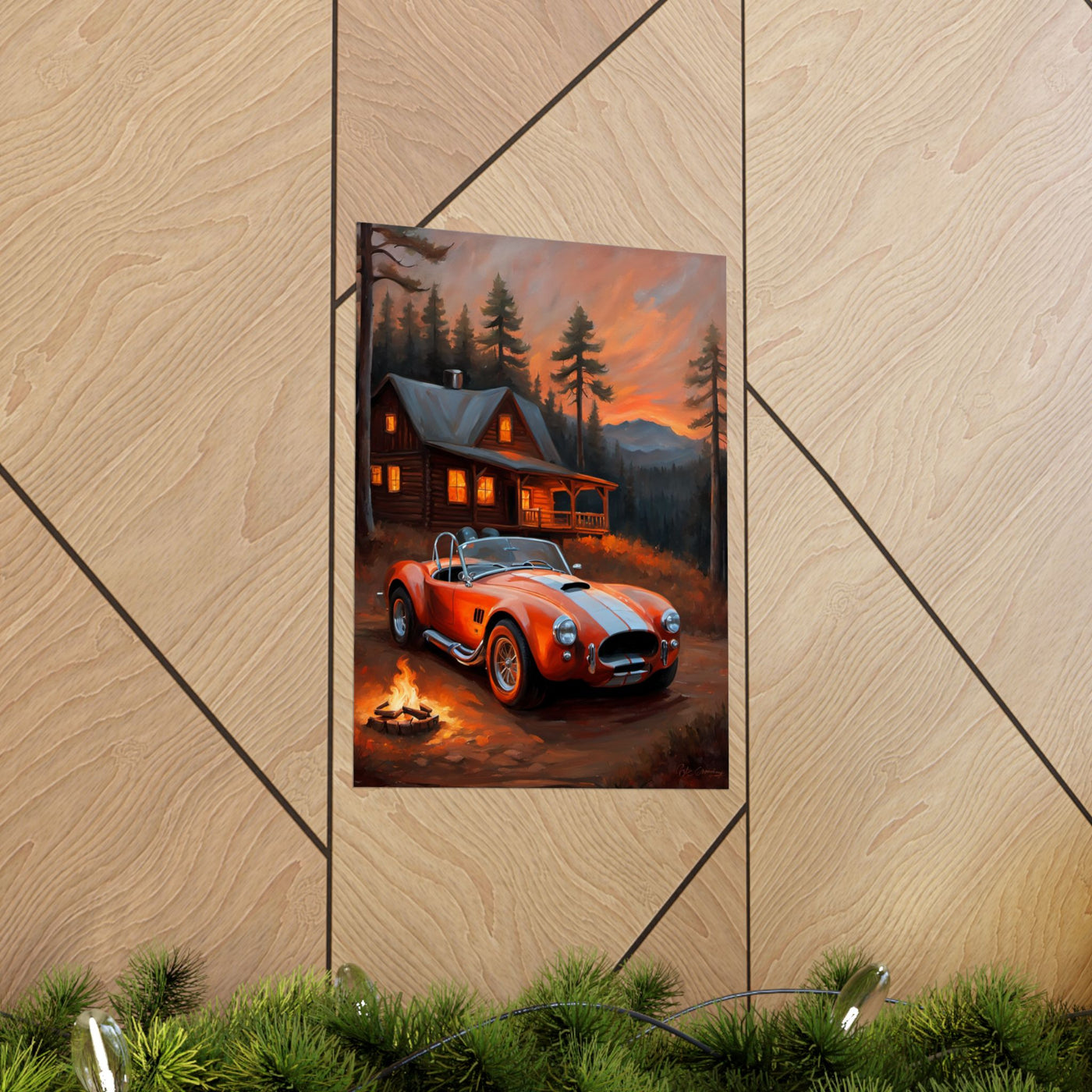 Retro American Car Art featuring a classic red sports car parked near a cabin at sunset