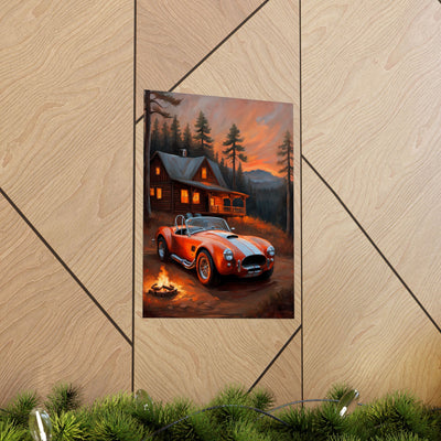 Retro American Car Art featuring a classic red sports car parked near a cabin at sunset