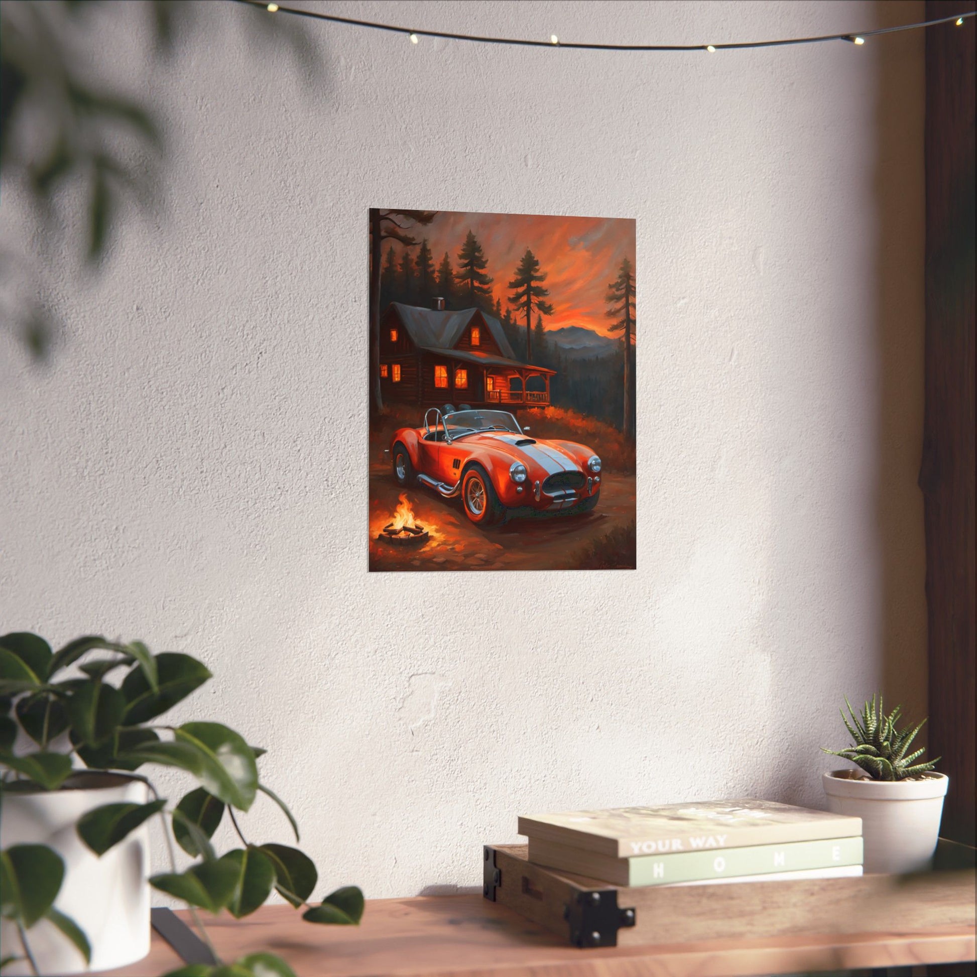 Retro American Car Art featuring a classic car parked near a cabin in a scenic sunset setting