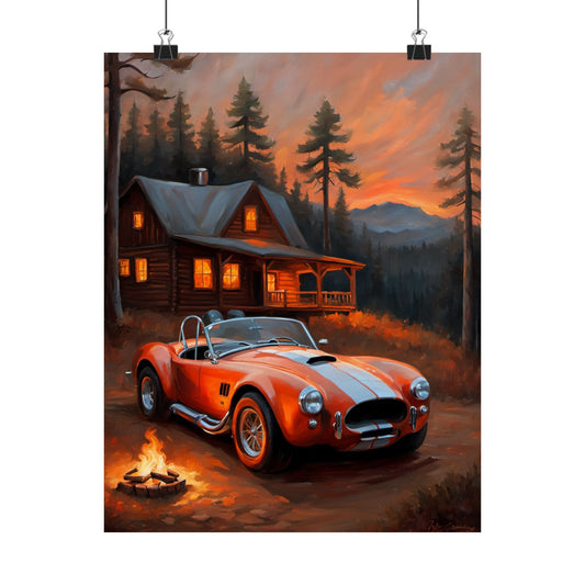 Retro American Car Art featuring a red Shelby Cobra near a cabin at sunset