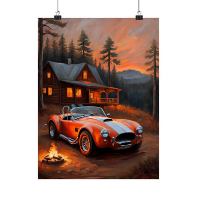Retro American Car Art featuring a red sports car parked near a warm cabin at sunset