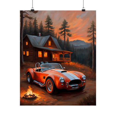 Retro American Car Art print featuring a classic sports car near a cabin at sunset