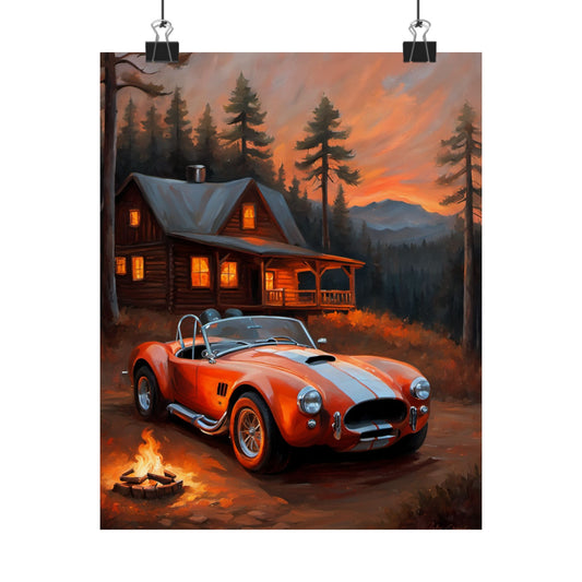 Retro American Car Art depicting a classic red sports car near a cabin with a campfire at sunset