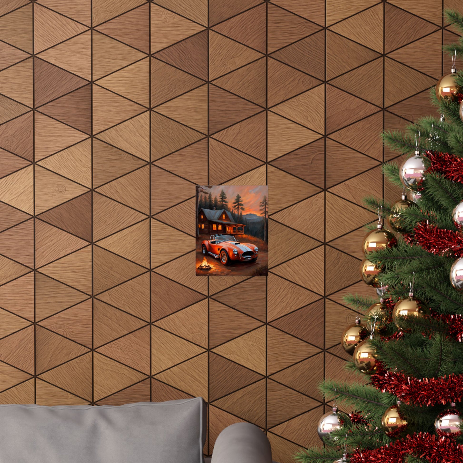 Retro American Car Art poster displayed on a geometric wood wall behind a Christmas tree
