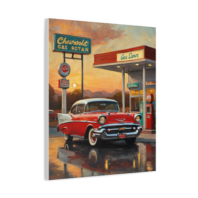 Vintage red Chevrolet at a retro gas station, perfect for retro automotive decor for home