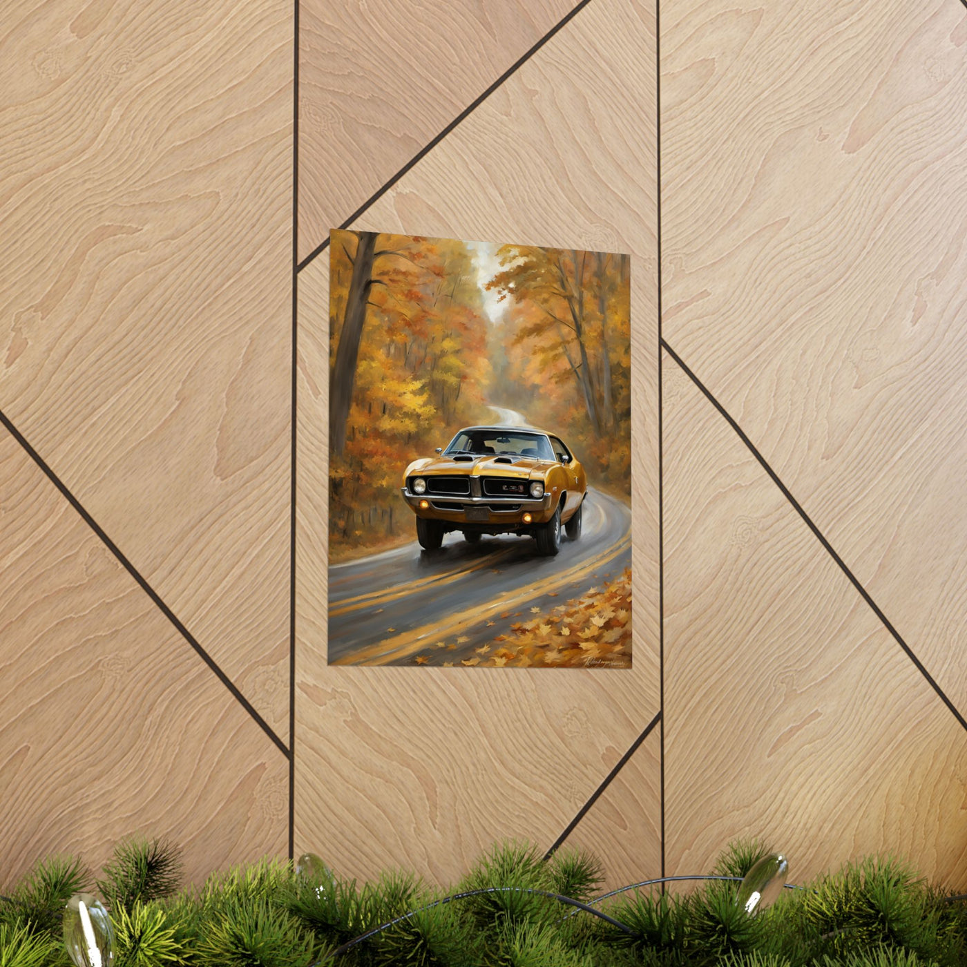Vintage car driving through autumn scenery in a retro automotive print AJ68 collection